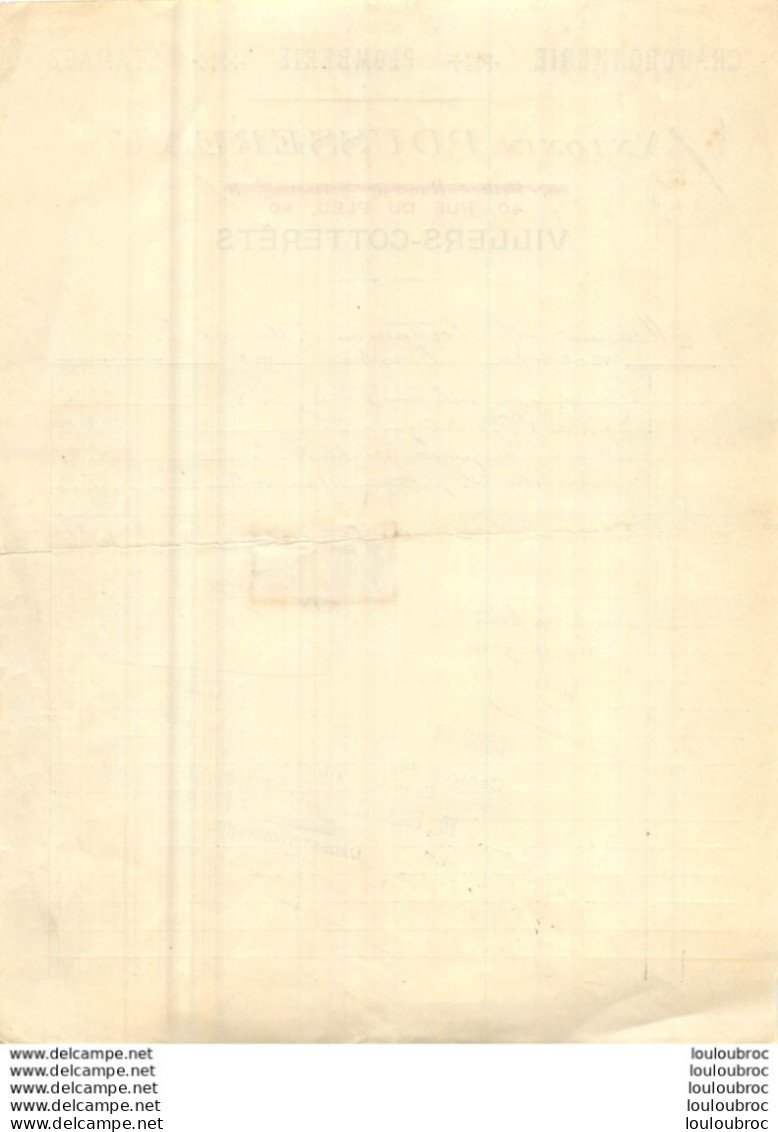 FACTURE 1923 ANTONIN POUSSEREAU CHAUDRONNERIE A VILLERS COTTERETS - 1900 – 1949