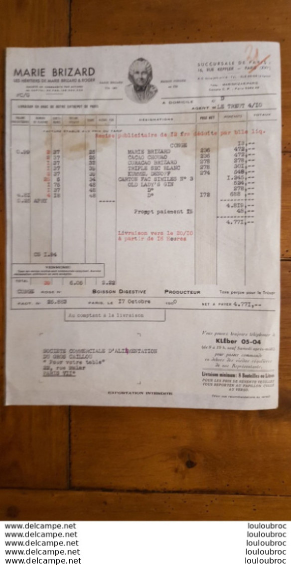 FACTURE ET TARIF 1950  MARIE BRIZARD  PARIS - 1950 - ...