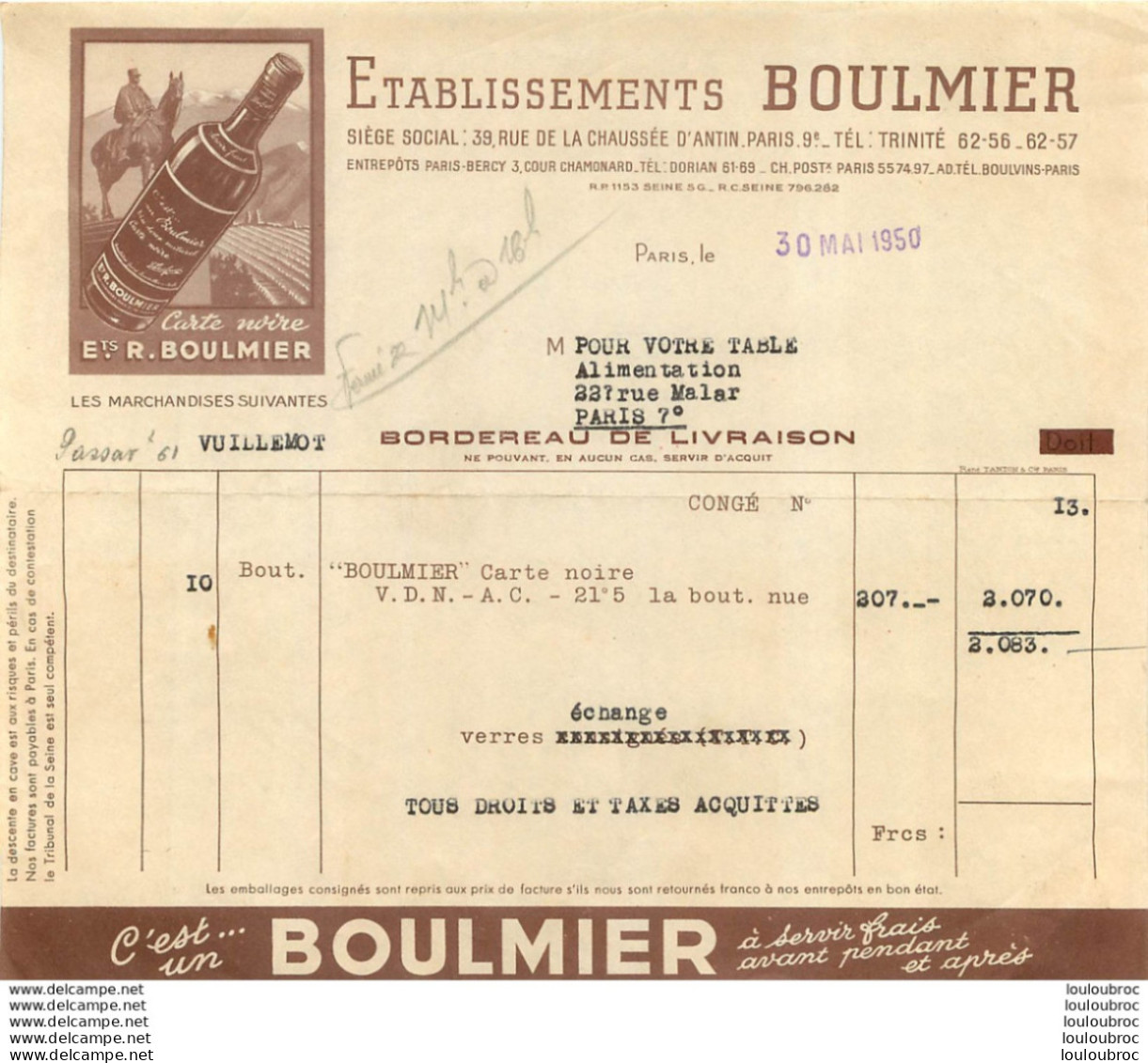 FACTURE 1950 ETABLISSEMENTS BOULMIER  VIN CARTE NOIRE  PARIS - 1950 - ...