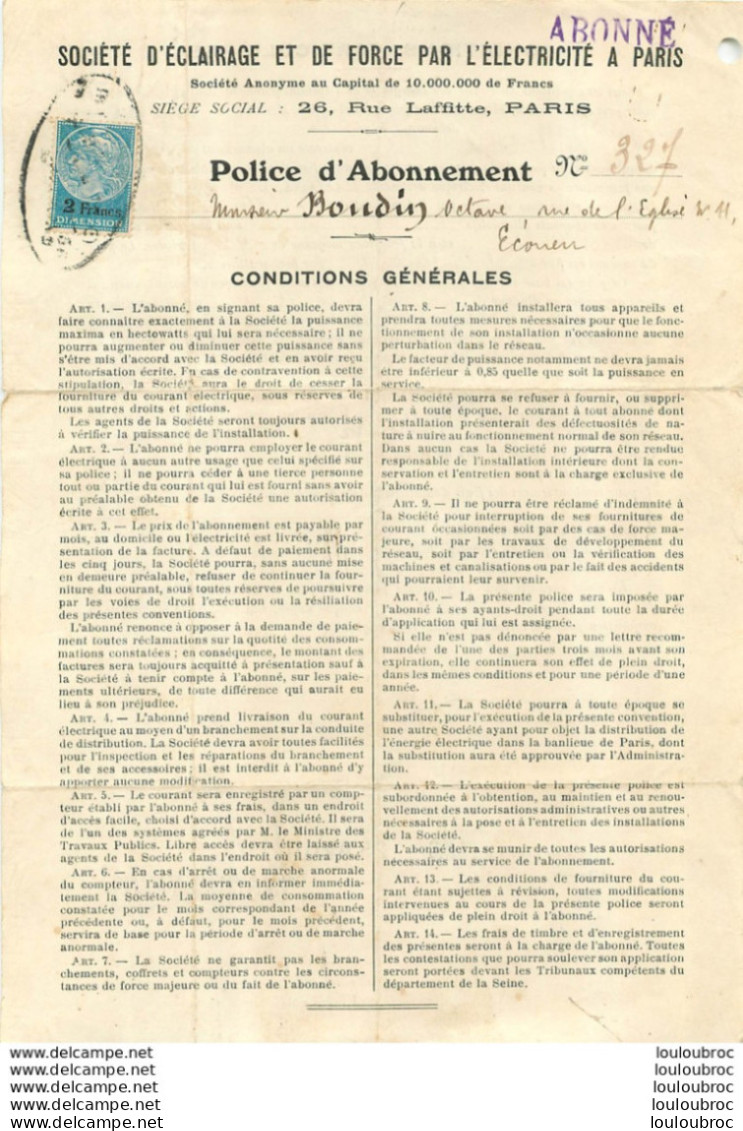 POLICE D'ABONNEMENT 1923 SOCIETE D'ECLAIRAGE ET DE FORCE PAR L'ELECTRICITE A PARIS - 1900 – 1949