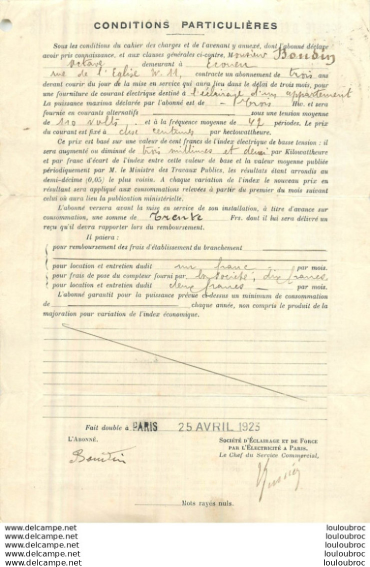 POLICE D'ABONNEMENT 1923 SOCIETE D'ECLAIRAGE ET DE FORCE PAR L'ELECTRICITE A PARIS - 1900 – 1949