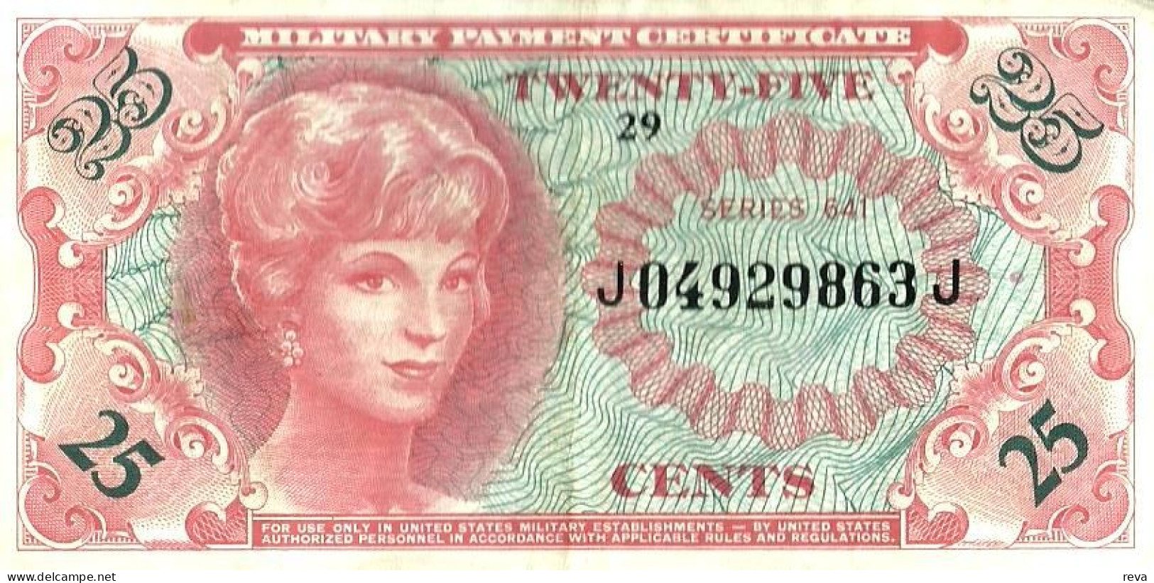 USA UNITED STATES 25 CENTS MILITARY CERTIFICATE RED WOMAN SERIES 641 VF ND(1965-68) PM59a READ DESCRIPTION CAREFULLY !! - 1965-1968 - Serie 641