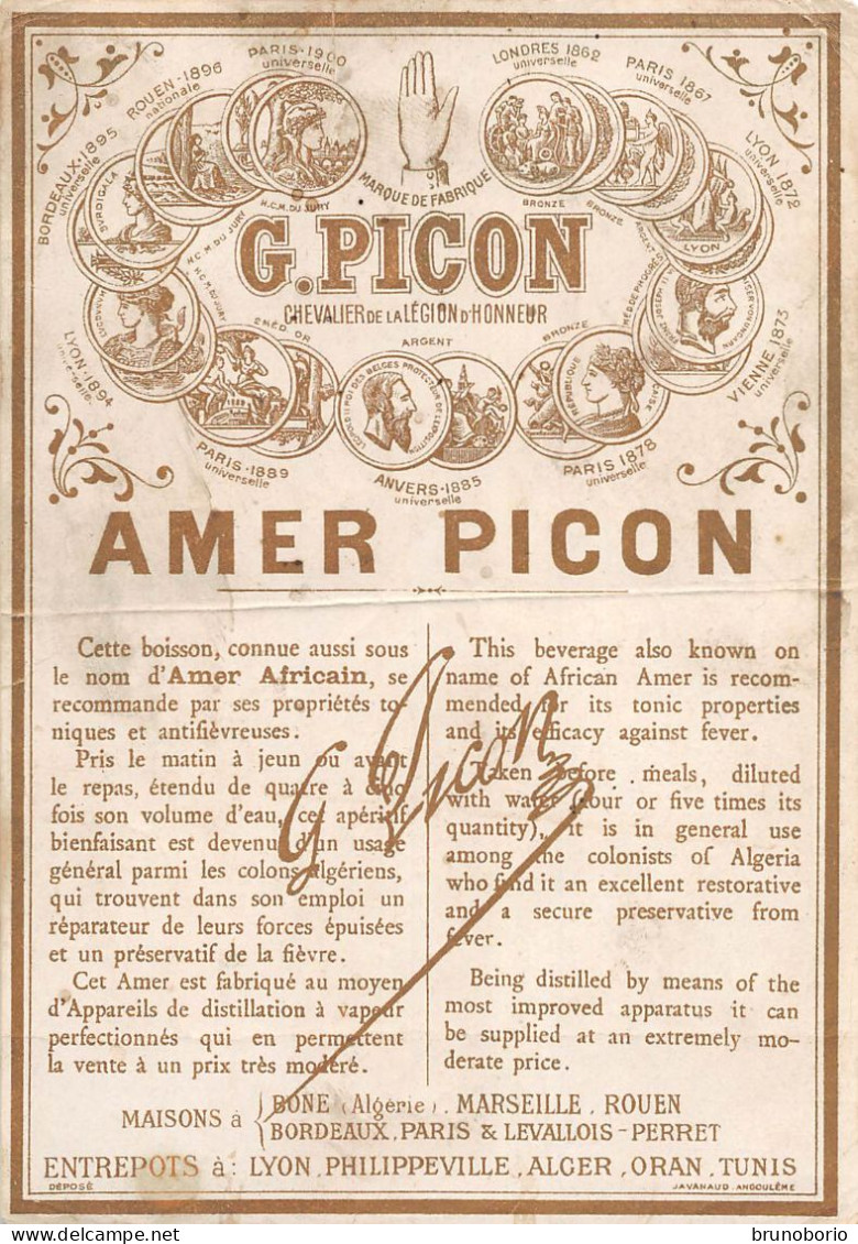 00105 "G. PICON  - CHEVALIER DE LA LEGION D'HONNEUR - AMER PICON" ETICHETTA  FINE XIX  SECOLO - Alkohole & Spirituosen