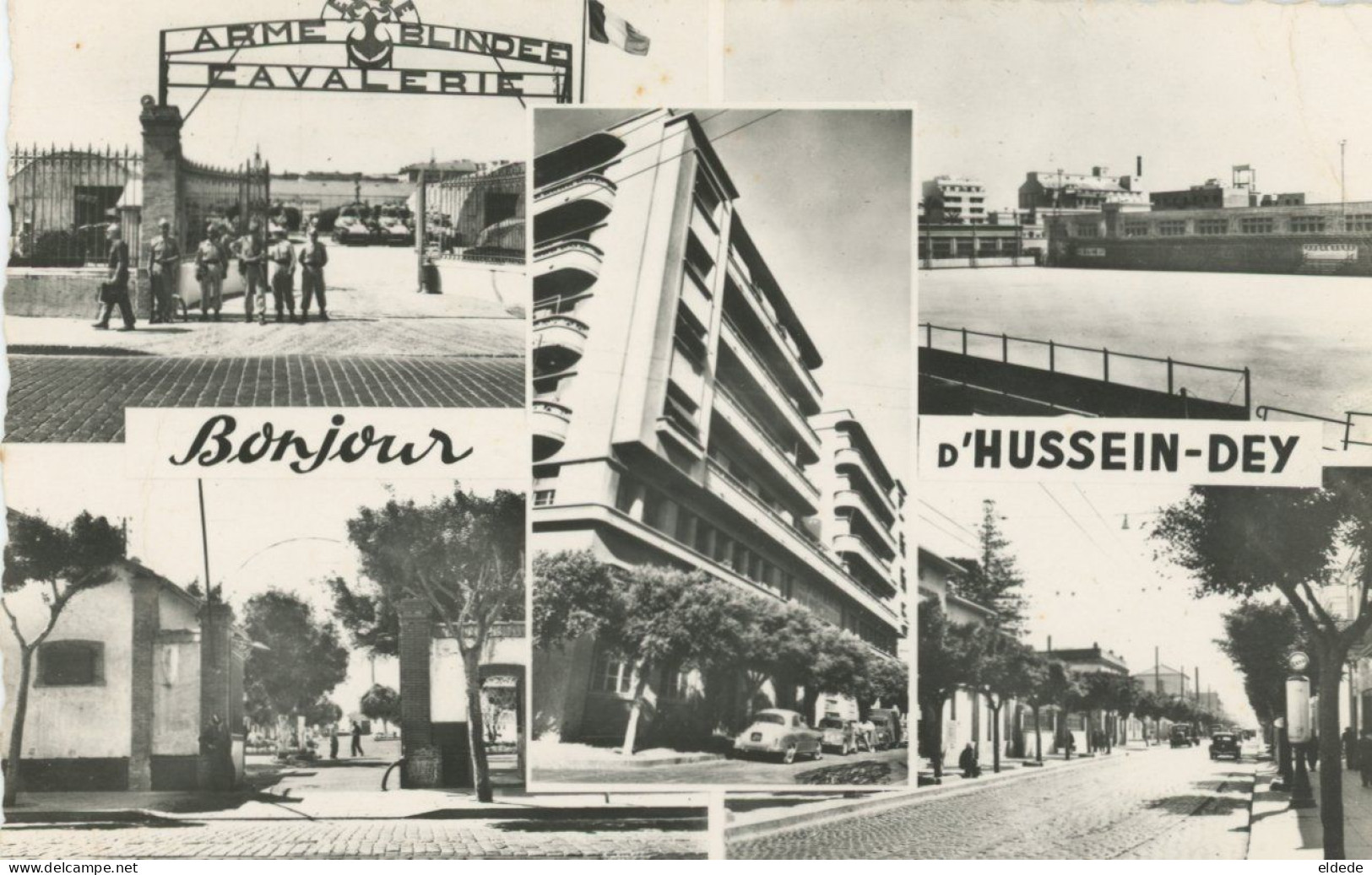 Carte Photo Stade Hussein Dey Algérie Stadium 1962 Olympic  Cavalerie Blindé Tanks Pompe Essence Esso Auto Fregate - Stadions