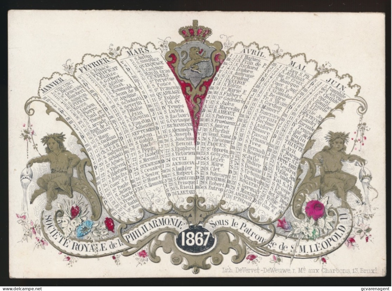 PORSELEINKAART = CALENDRIER 1867 - DUBBELZIJDIG - SOCIETE ROYALE DE LA PHILHARMONIE = SOUS LE PATRONAGE DE S.M. LEOPOLD - Porseleinkaarten