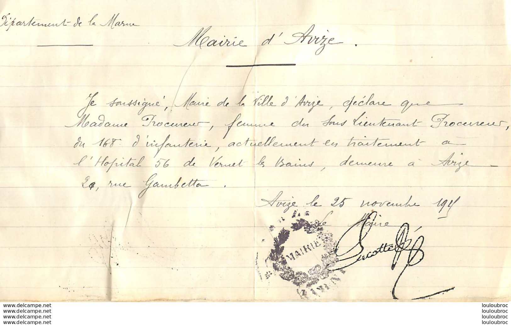 ATTESTATION MAIRIE D'AVIZE ECRITE ET SIGNEE  DU MAIRE JULES ALEXIS LUCOTTE - 1914-18