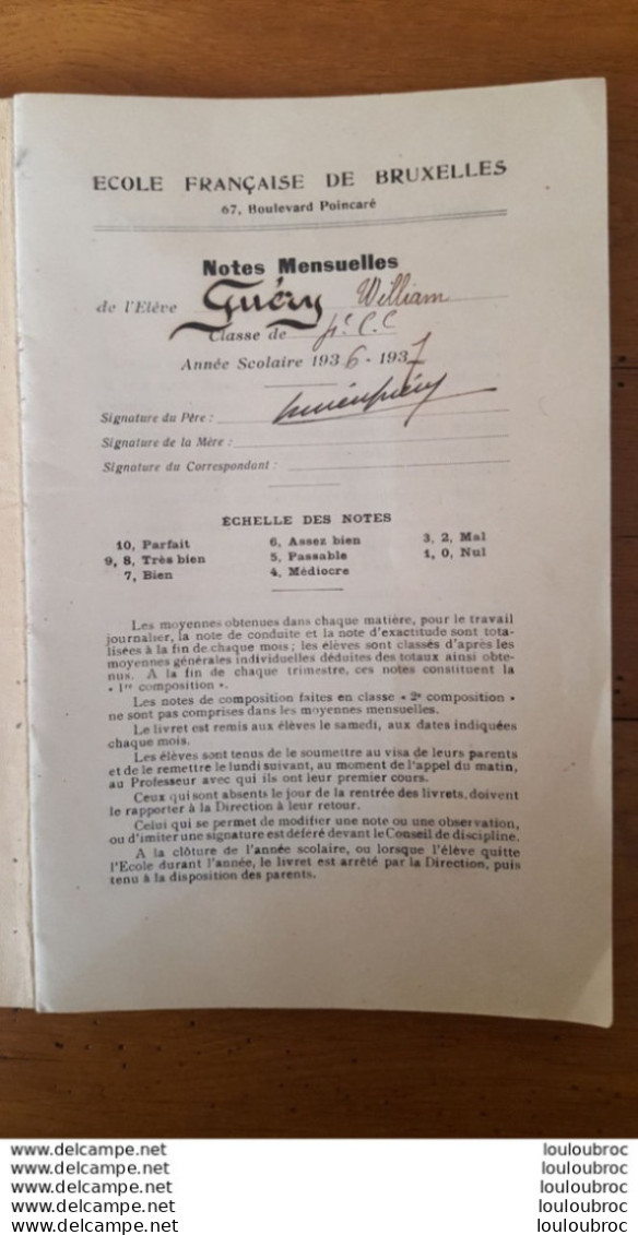 RARE ECOLE FRANCAISE DE BRUXELLES 67 BOULEVARD POINCARE NOTES MENSUELLES ELEVE  GUERY ANNEE SCOLAIRE 1936 - 1937 - Diploma's En Schoolrapporten
