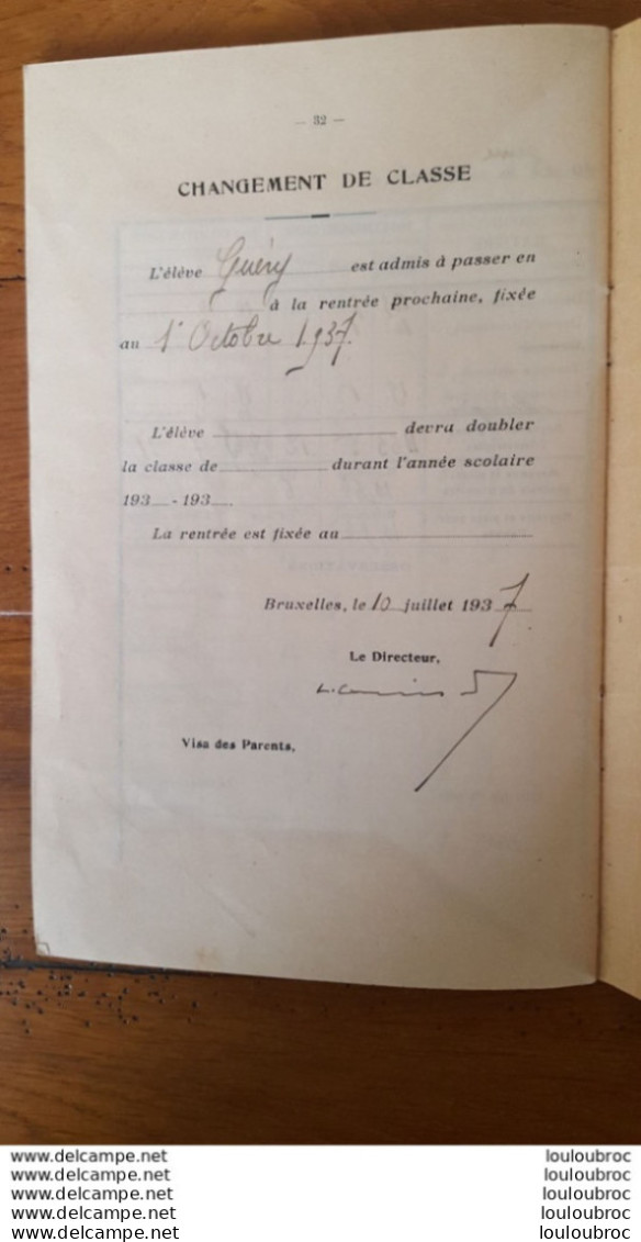RARE ECOLE FRANCAISE DE BRUXELLES 67 BOULEVARD POINCARE NOTES MENSUELLES ELEVE  GUERY ANNEE SCOLAIRE 1936 - 1937 - Diploma's En Schoolrapporten