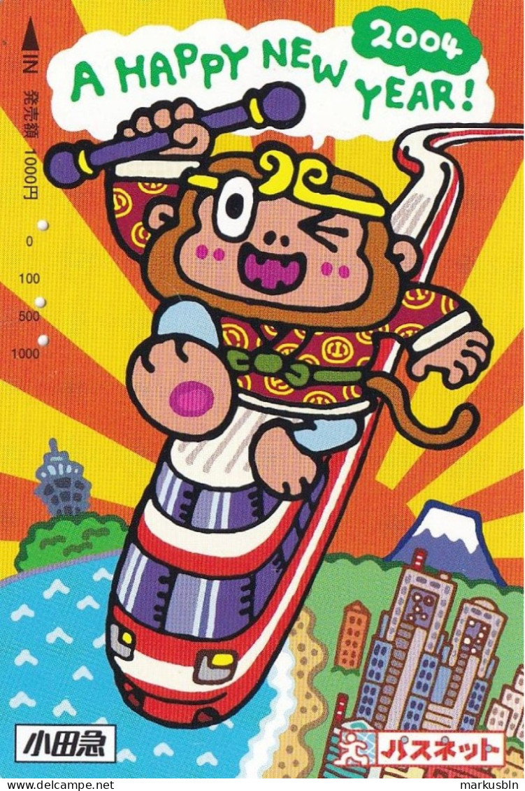 Japan Prepaid SF Card 1000 - 2004 Happy New Year Monkey Year Train Skyline Zodiac - Japan