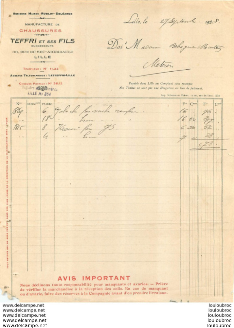 FACTURE 1928 TEFFRI ET SES FILS 30 RUE DU SEC AREMBAULT - 1900 – 1949