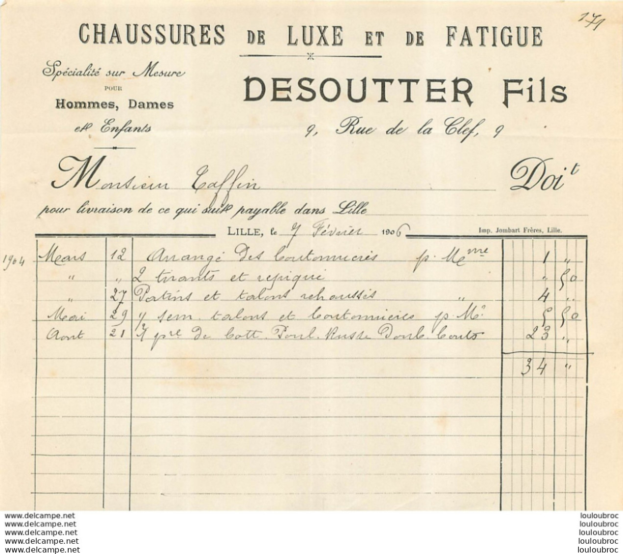 FACTURE 1906 DESOUTER FILS CHAUSSURES DE LUXE LILLE 9 RUE DE LA CLEF - 1900 – 1949