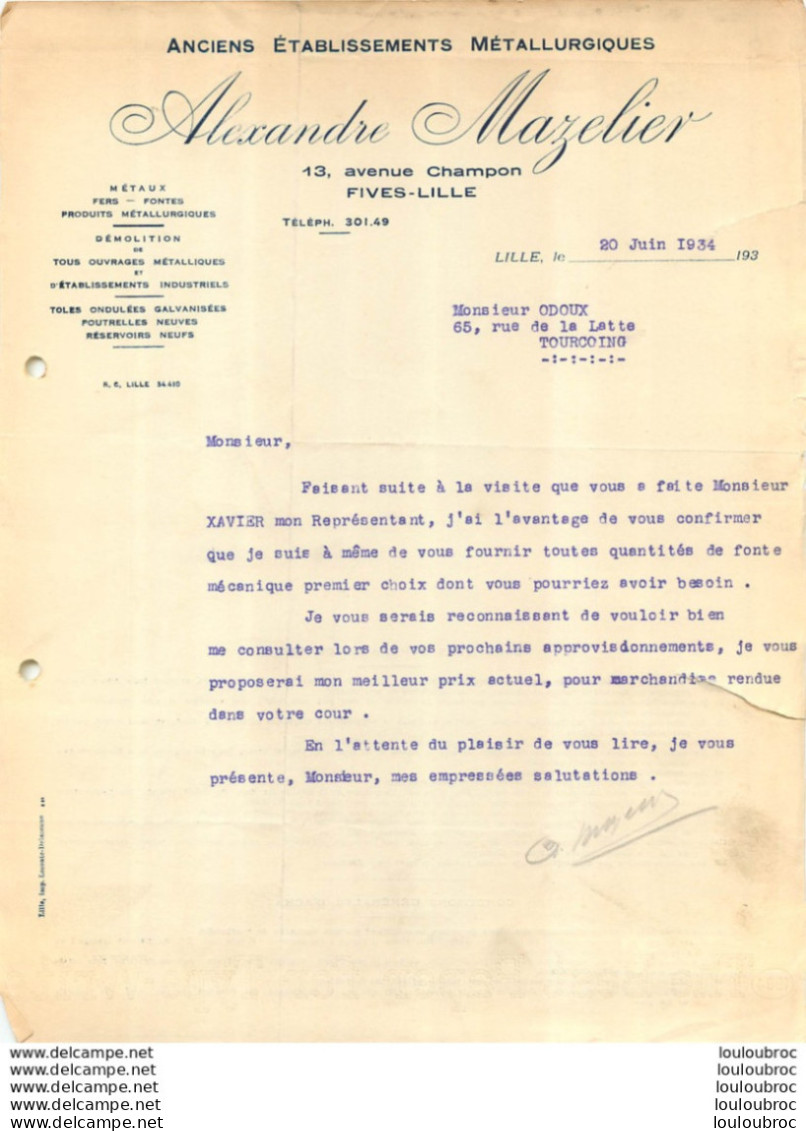 ECRIT DOCUMENT DE 1934 ALEXANDRE MAZELIER LILLE 13 AVENUE CHAMPON - 1900 – 1949