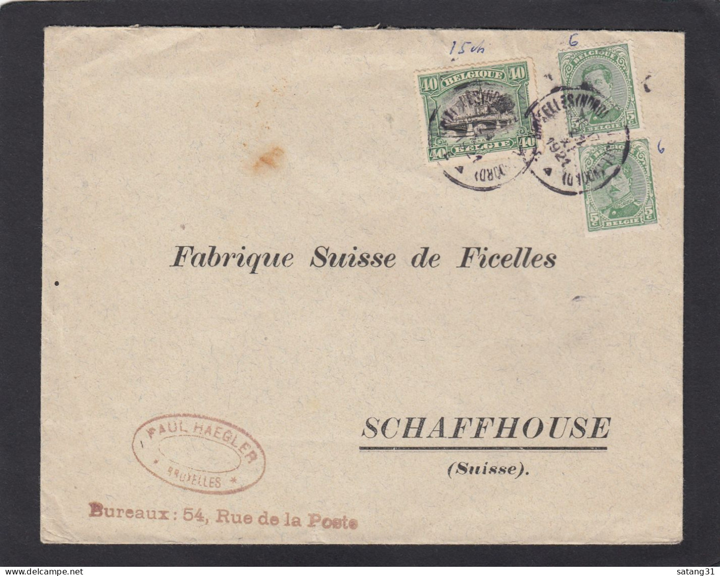 LETTRE DE PAUL HAEGLER ,BRUXELLES, AVEC COB 137 X 2,143,POUR LA FABRIQUE DE FICELLES A SCHAFFHOUSE,SUISSE.1921. - Cartas & Documentos