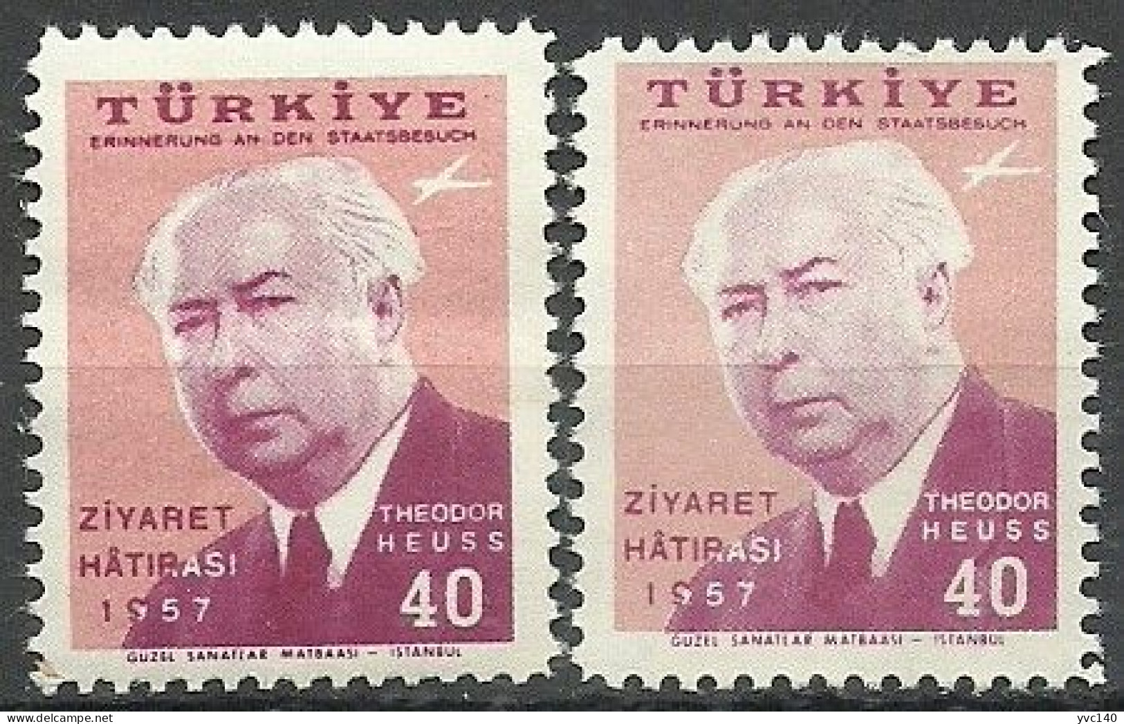 Turkey; 1957 Visit Of The President Of Germany To Turkey "Color Tone Variety" - Unused Stamps