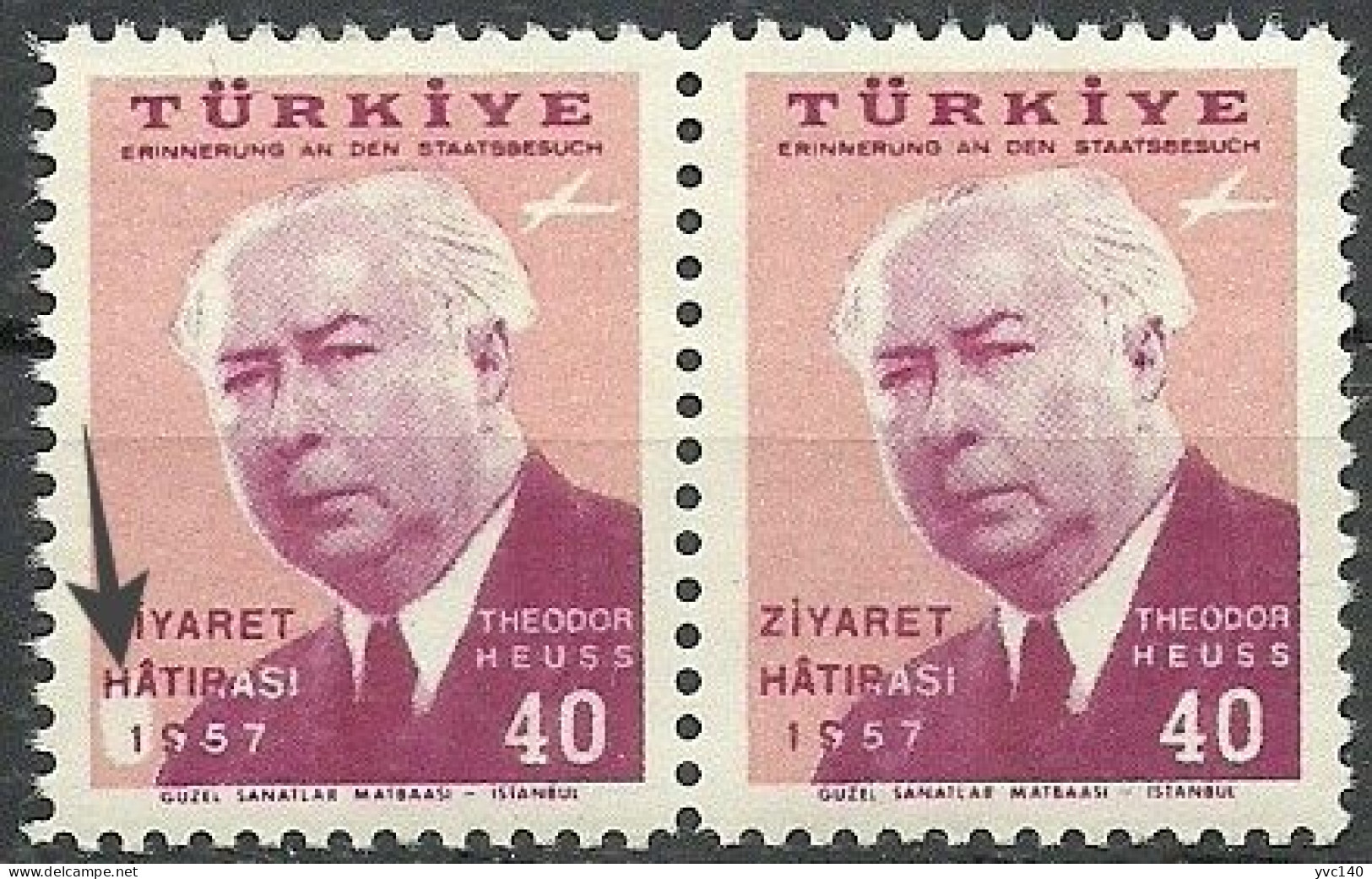 Turkey; 1957 Visit Of The President Of Germany To Turkey ERROR "Print Stain" - Unused Stamps
