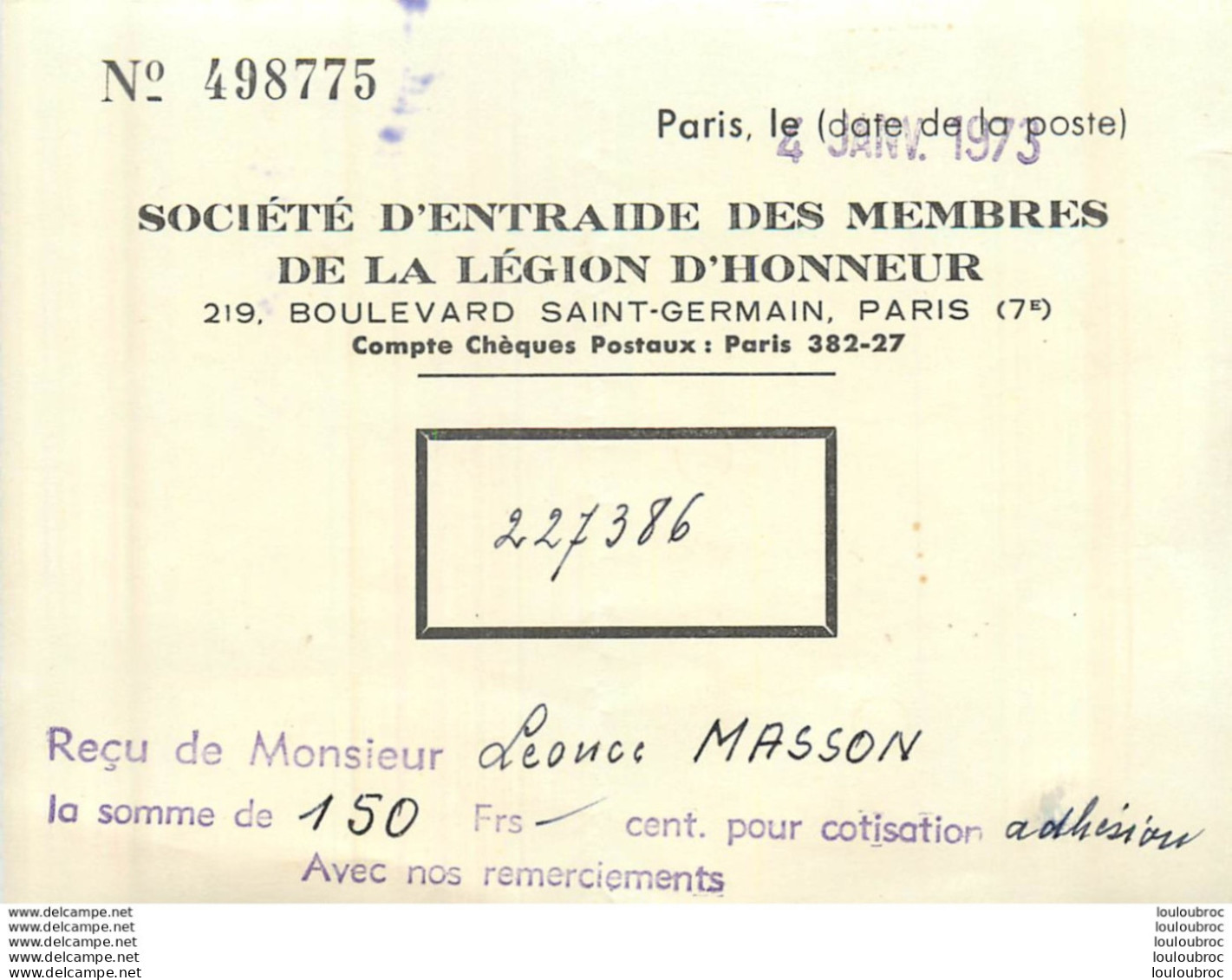 SOCIETE D'ENTRAIDE DES MEMBRES DE LA LEGION D'HONNEUR MONSIEUR MASSON - Historical Documents