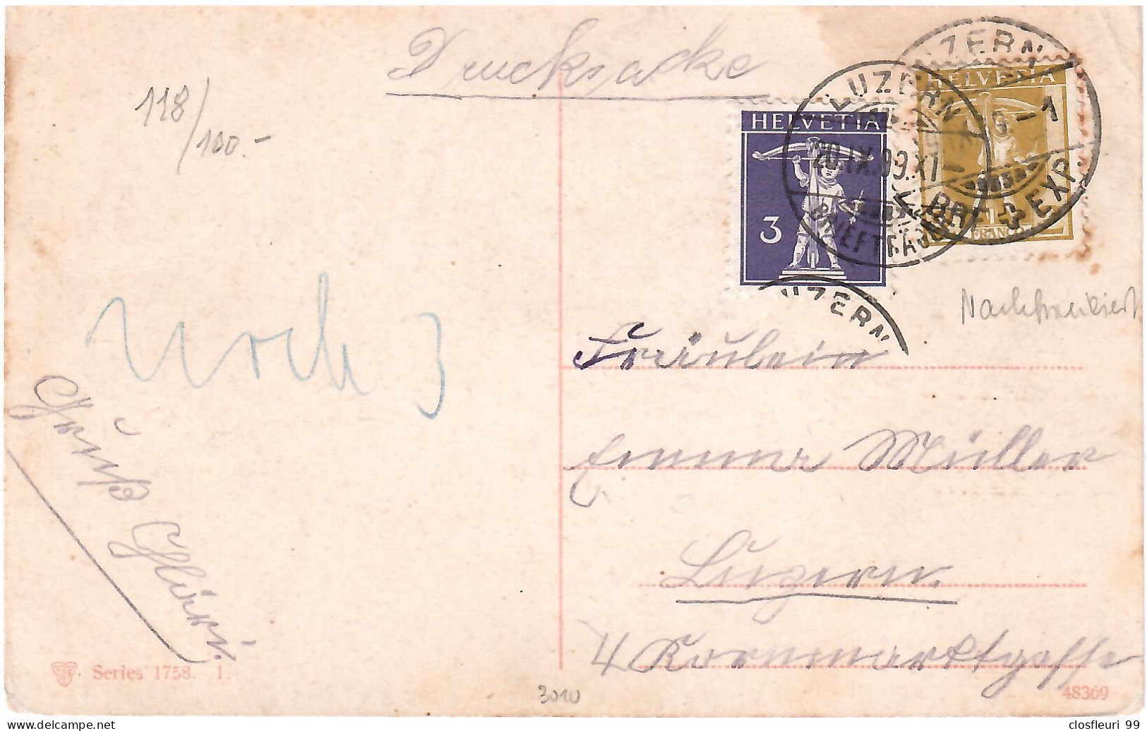 Z./SBZ N° 118 Sur Document / 20.IX.1909 / Fils De Telle, Corde Devant. Cote 100.- CHF - Briefe U. Dokumente