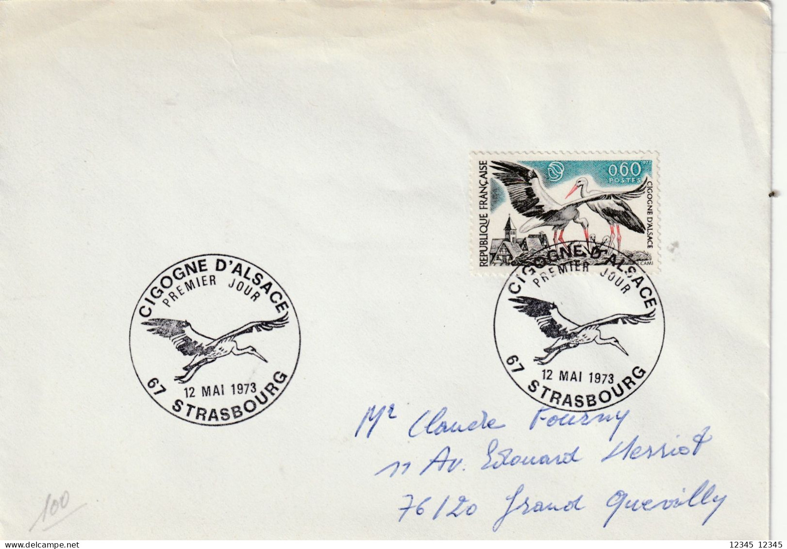 Frankrijk 1973, Letter Sent To Grand Quevilly, Alsace Stork - Lettres & Documents