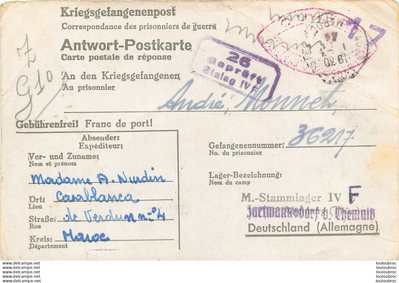 LETTRE PRISONNIER DE GUERRE STALAG IV F HARTMANNSDORF CHEMNITZ  1944  MONNET ANDRE N°36217 - Documenten