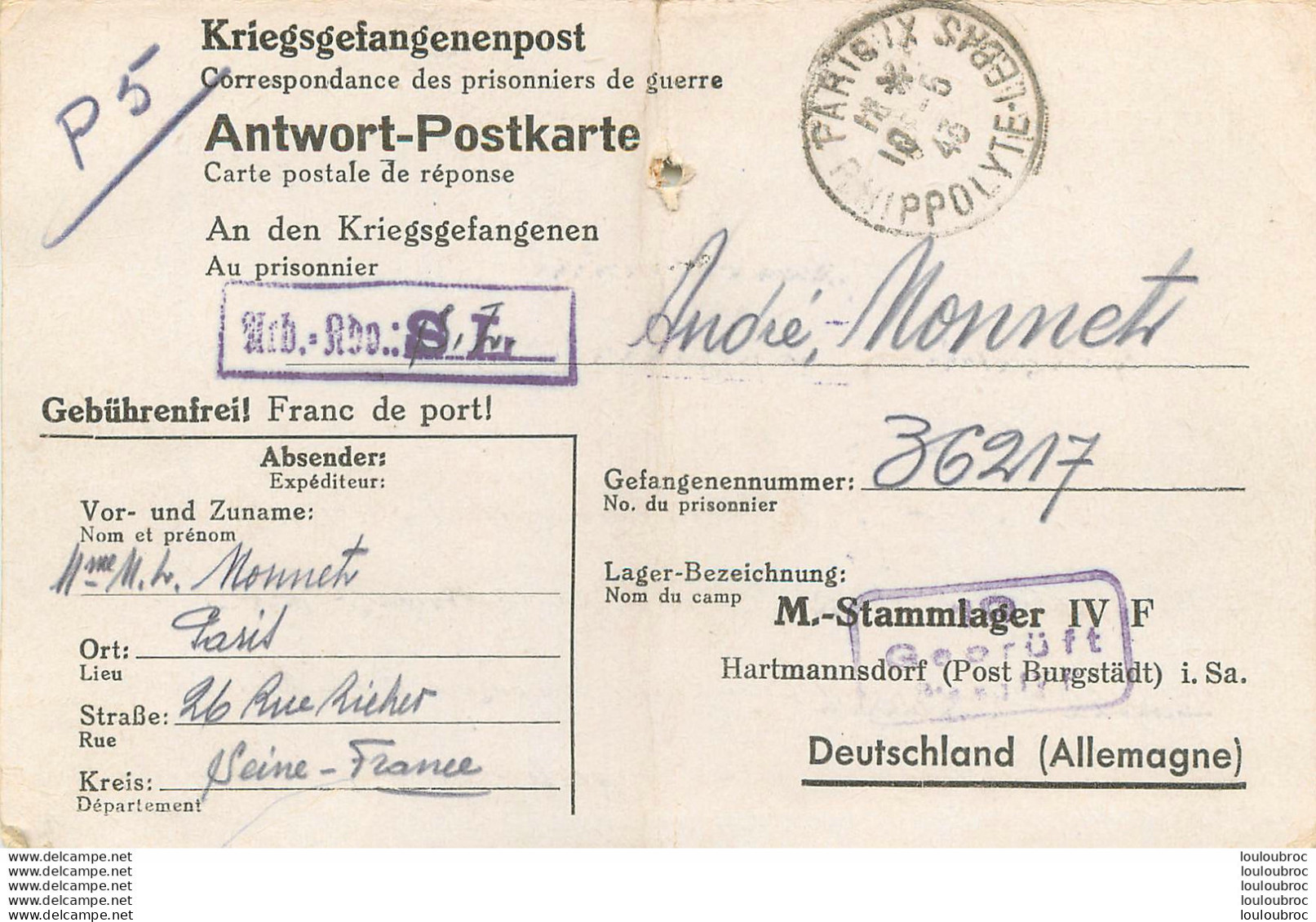 LETTRE PRISONNIER DE GUERRE STALAG IV F HARTMANNSDORF CHEMNITZ  1943 MONNET ANDRE N°36217 - Documenten