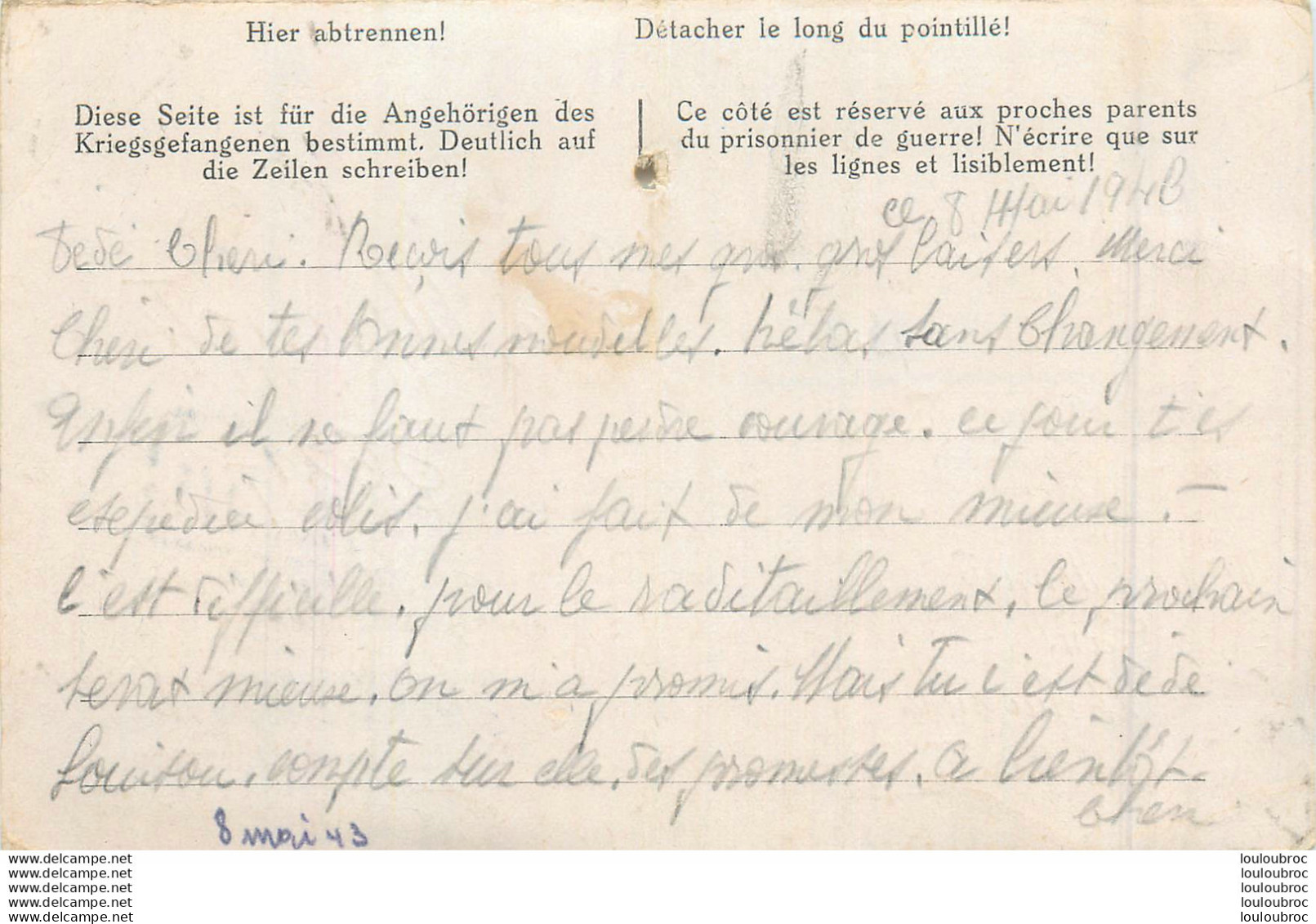 LETTRE PRISONNIER DE GUERRE STALAG IV F HARTMANNSDORF CHEMNITZ  1943 MONNET ANDRE N°36217 - Dokumente