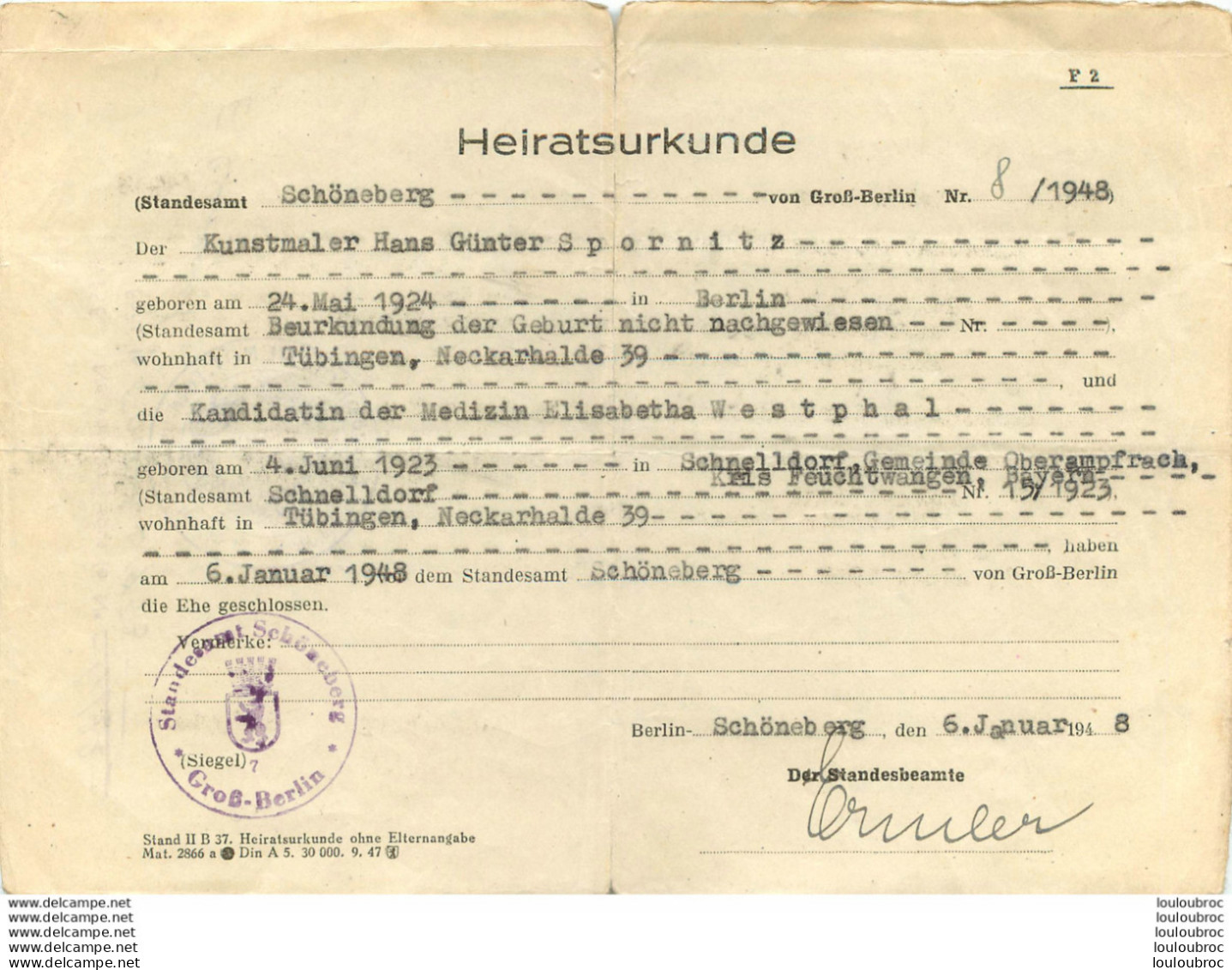 HEIRATSURKUNDE ACTE DE MARIAGE  01/1948 SCHONEBERG KUNSTMALER HANS ET KANDIDATIN DER MEDIZIN ELISABETHA - Historical Documents