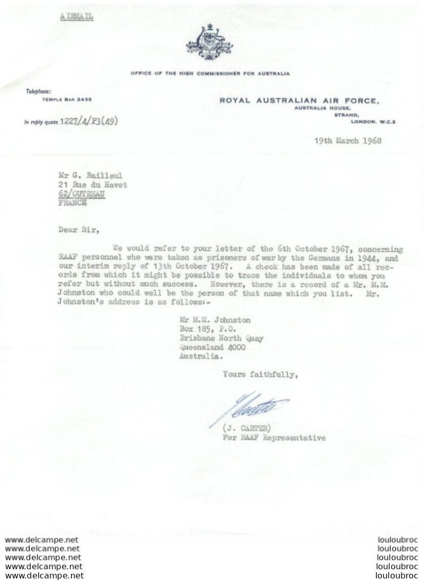 COURRIER DE ROYAL AUSTRALIAN AIR FORCE A G. BAILLEUL RECHERCHANT DES ANCIENS SOLDATS AUSTRALIENS R1 - 1939-45