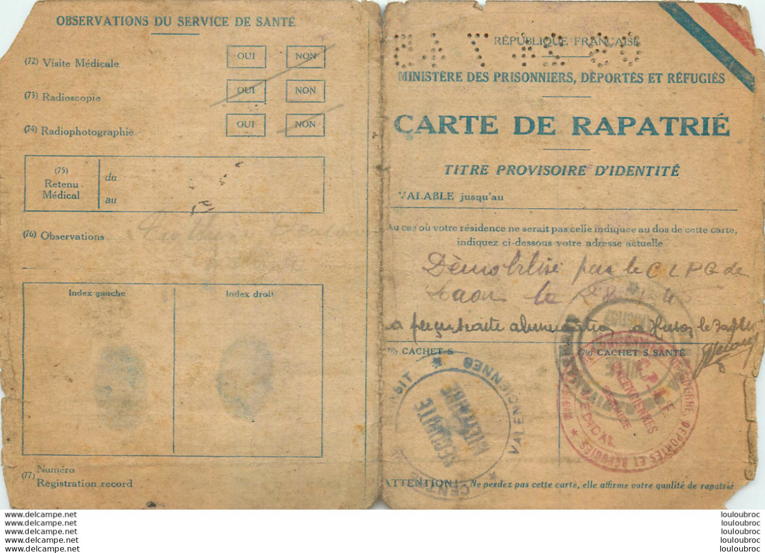 CARTE DE RAPATRIE LEGRAND JACQUES DEMOBILISE EN 07/1945 - 1939-45