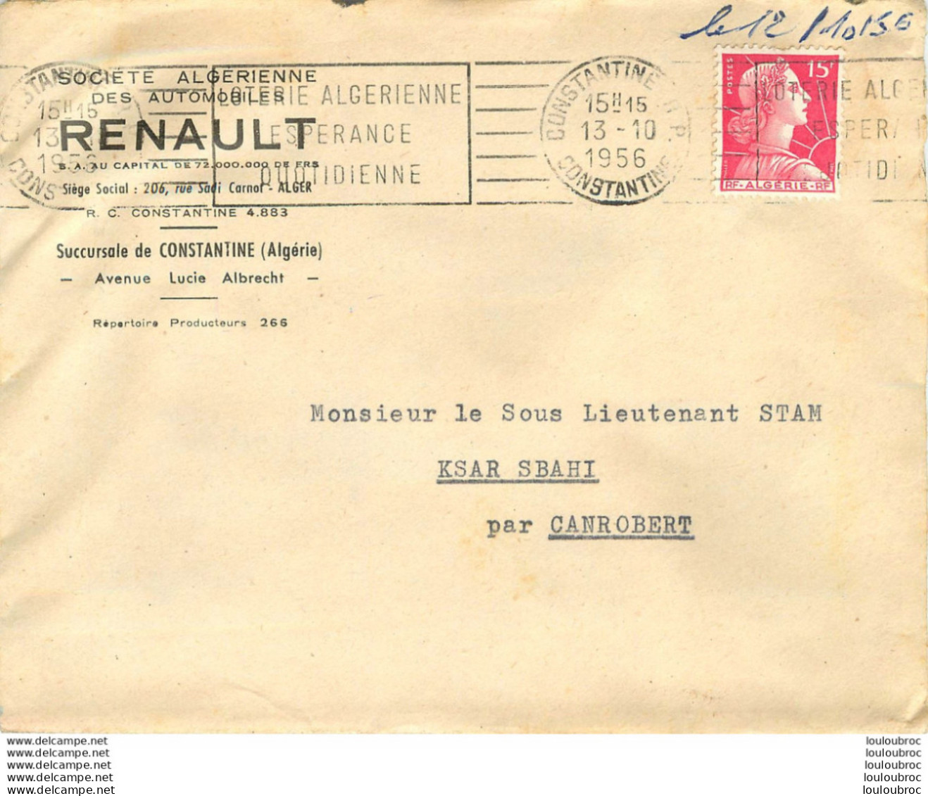 ALGERIE CONSTANTINE COURRIER POUR ACHAT D'UNE DAUPHINE RENAULT  1956 ET ENVELOPPE - 1950 - ...