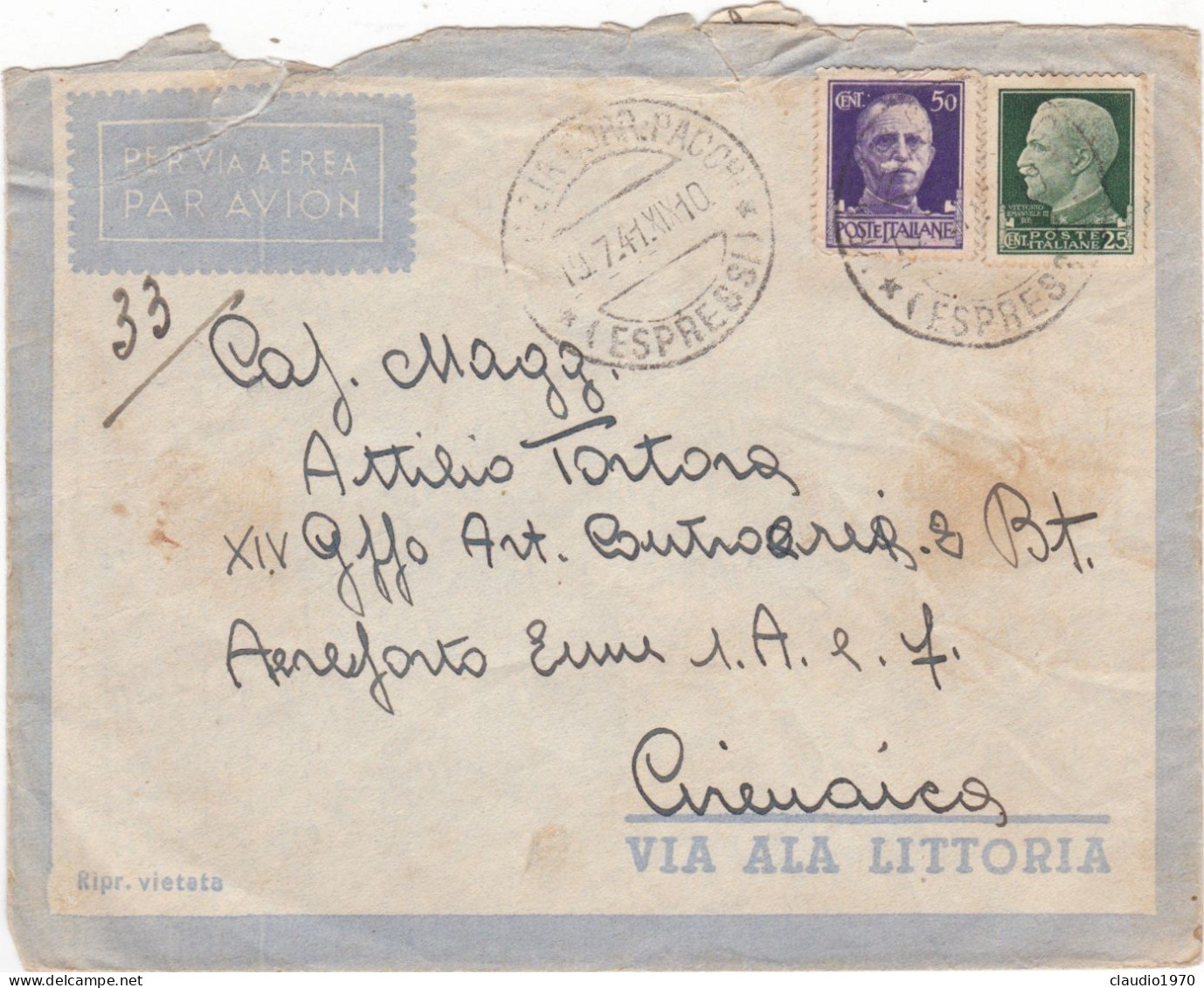 REGNO - ITALIA - VENEZIA -  POSTA MILITARE - BUSTA VIAGGIATA PER CIRENAICA  - LIBIA - 1941 - Poste Militaire (PM)