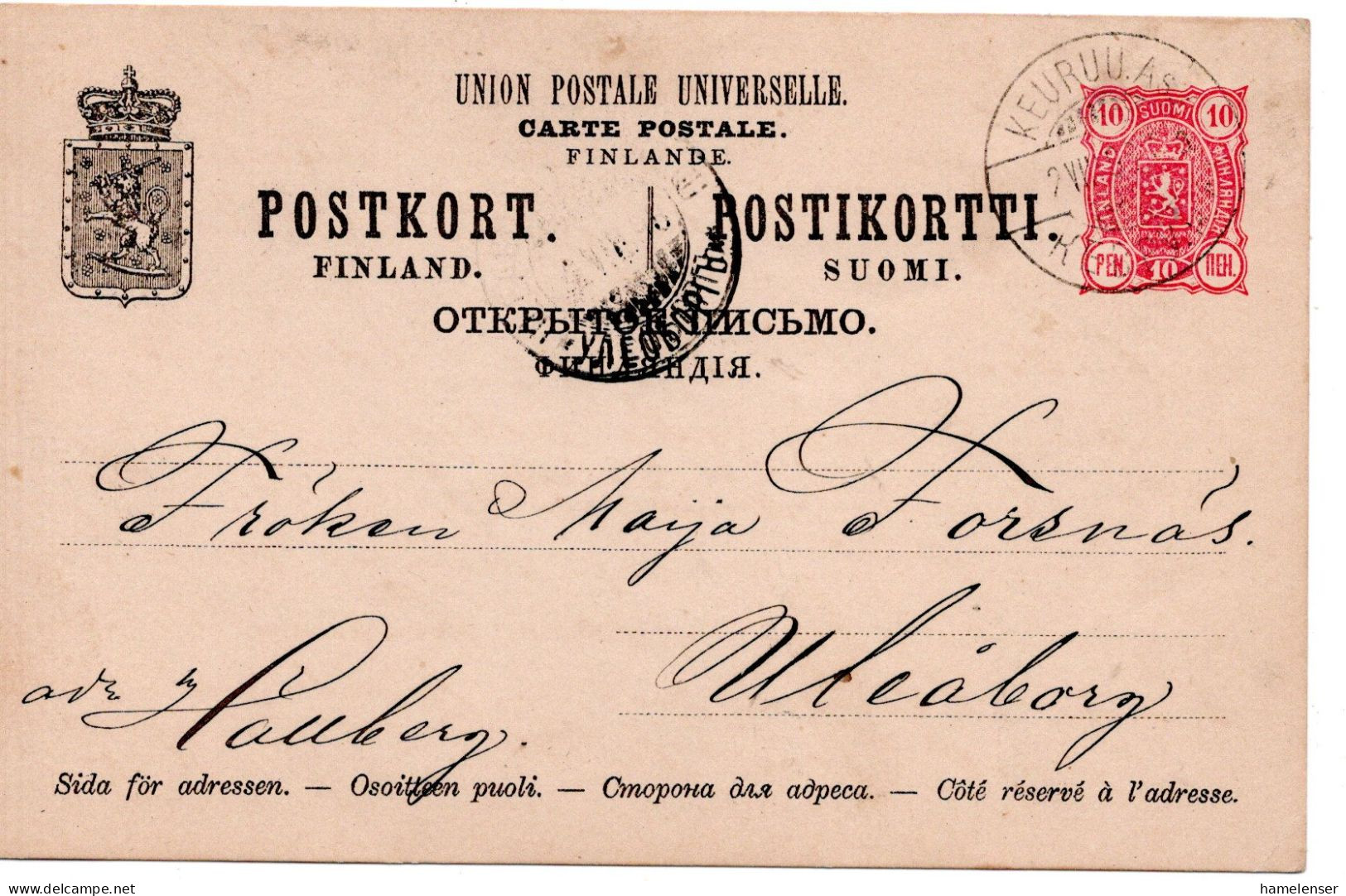 78352 - Finnland - 1898 - 10P Wappen GAKte KEURUU -> OULU - Cartas & Documentos