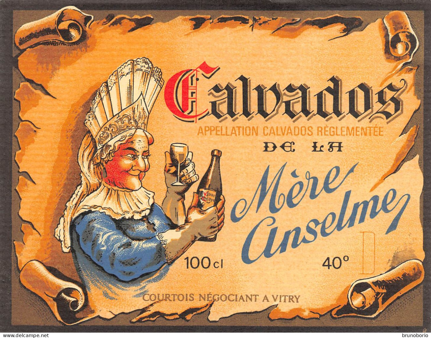 00110 "CALVADOS DE LA MERE ANSELME" ETICHETTA  ANIMATA III QUARTO XX SECOLO - Alcoholen & Sterke Drank