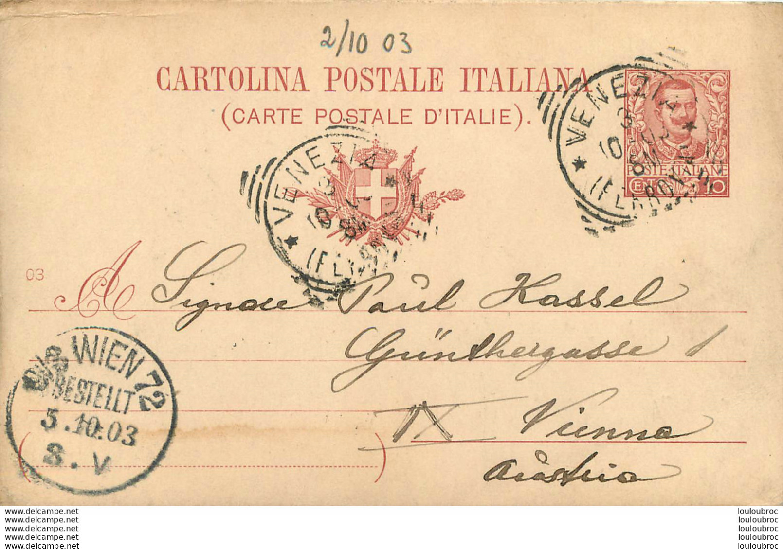 ENTIER POSTAL ITALIE 1903 ENVOYE DE VENEZIA  A MONSIEUR PAUL KASSEL EN AUTRICHE - Stamped Stationery