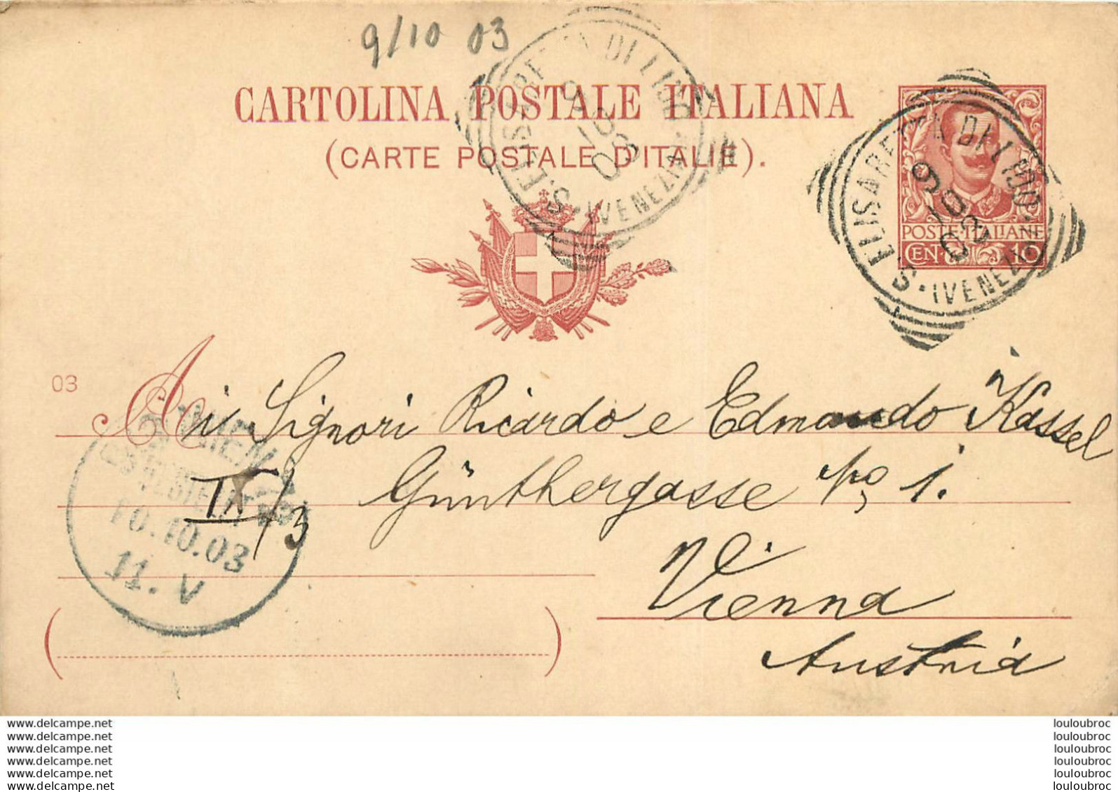 ENTIER POSTAL 1903 ITALIE T2 - Autres & Non Classés