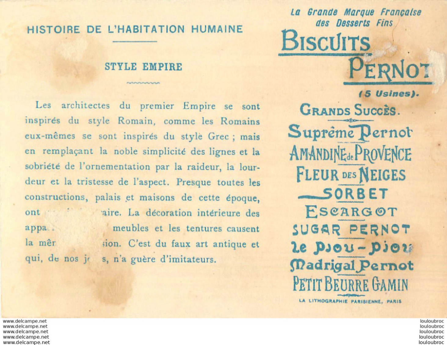 CHROMO BISCUITS PERNOT HISTOIRE DE L'HABITATION HUMAINE STYLE EMPIRE - Pernot