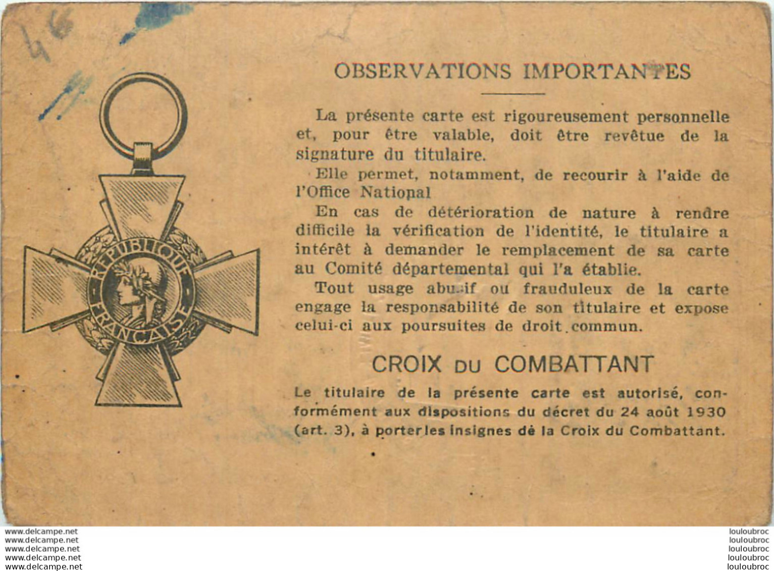 CARTE DU COMBATTANT KECK JULES  1936 - Otros & Sin Clasificación