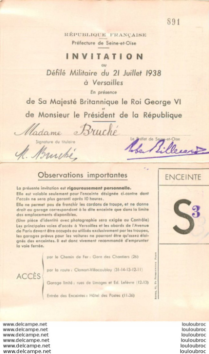INVITATION EPOUSE DU GENERAL ALBERT BRUCHE DEFILE MILITAIRE 21 JUILLET 1938  AVEC GEORGES VI ET LE PRESIDENT  24 X 16 CM - Documenten