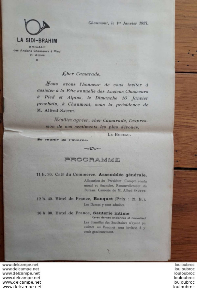 LA SIDI BRAHIM 01/1927 L'AMICALE DES ANCIENS CHASSEURS A PIED ET ALPINS 1926  LIVRET DE 8 PAGES - Documents
