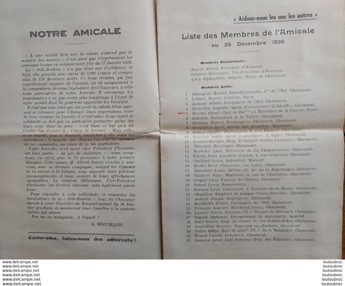 LA SIDI BRAHIM 01/1927 L'AMICALE DES ANCIENS CHASSEURS A PIED ET ALPINS 1926  LIVRET DE 8 PAGES - Documentos