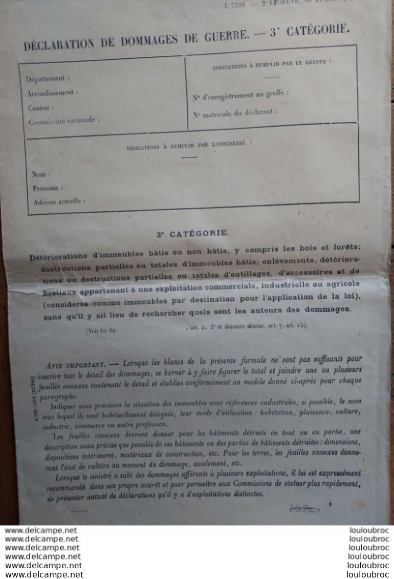 DECLARATION DE DOMMAGES DE GUERRE 3EME  CATEGORIE 8 PAGES - 1914-18