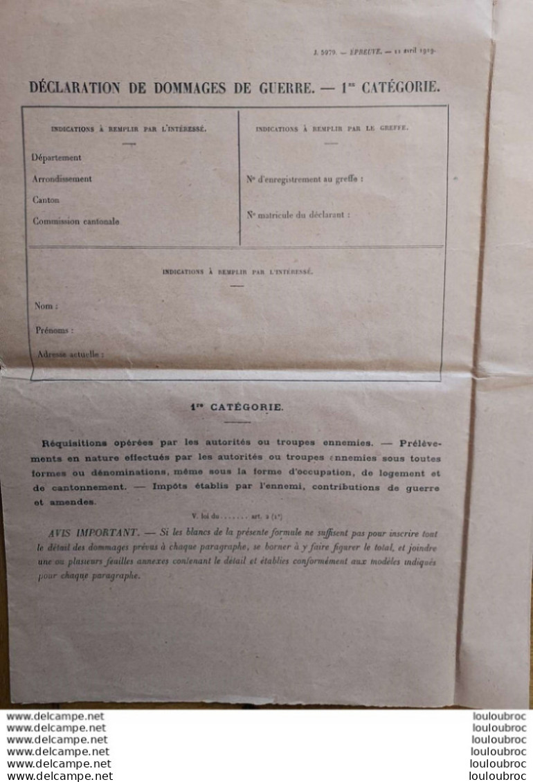DECLARATION DE DOMMAGES DE GUERRE 1ERE CATEGORIE 4 PAGES - 1914-18