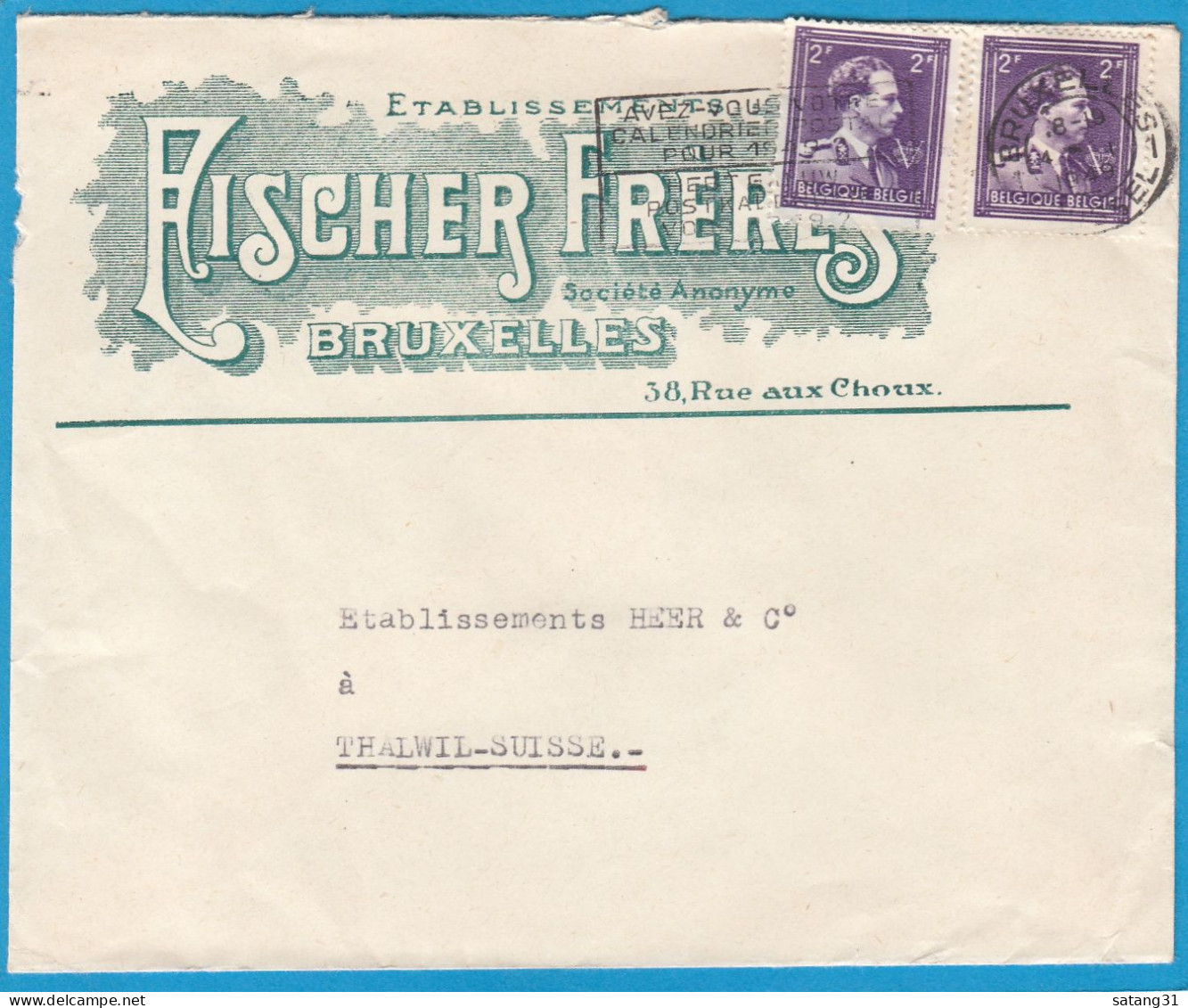 ETABLISSEMENTS AISCHER FRERES,BRUXELLES.LETTRE AVEC 2 X COB NO 693 POUR THALWIL,SUISSE,1949. - Covers & Documents