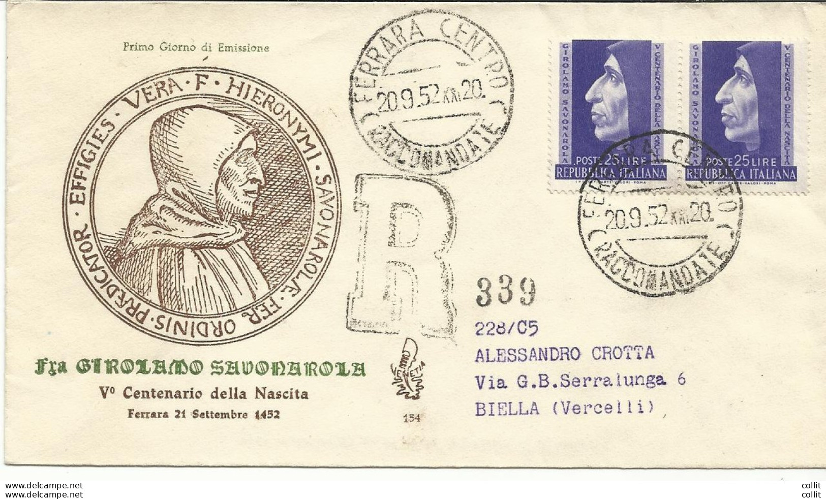 Savonarola N. 696 In Coppia Su Busta FDC Venetia Club Venezia - FDC