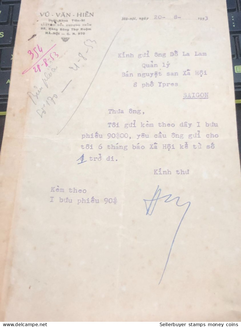 Soth Vietnam Letter-sent Mr Ngo Dinh Nhu -year24/8/1953 No354 1pcs Paper - Historical Documents