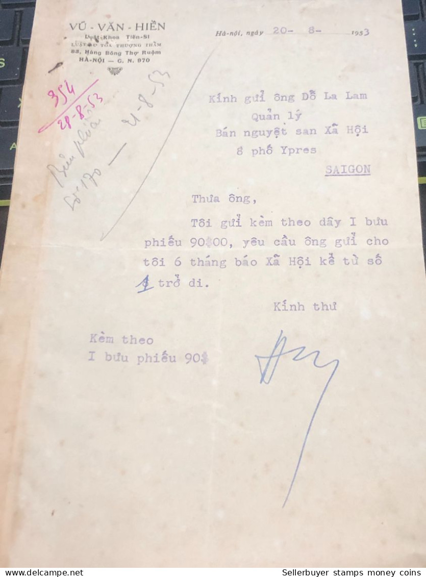 Soth Vietnam Letter-sent Mr Ngo Dinh Nhu -year24/8/1953 No354 1pcs Paper - Historical Documents