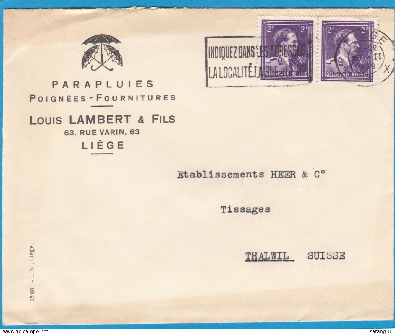 PARAPLUIES,POIGNEES,FOURNITURES,LIEGE.LETTRE AVEC PAIRE DU  COB NO 693 POUR THALWIL,SUISSE,1949. - Lettres & Documents