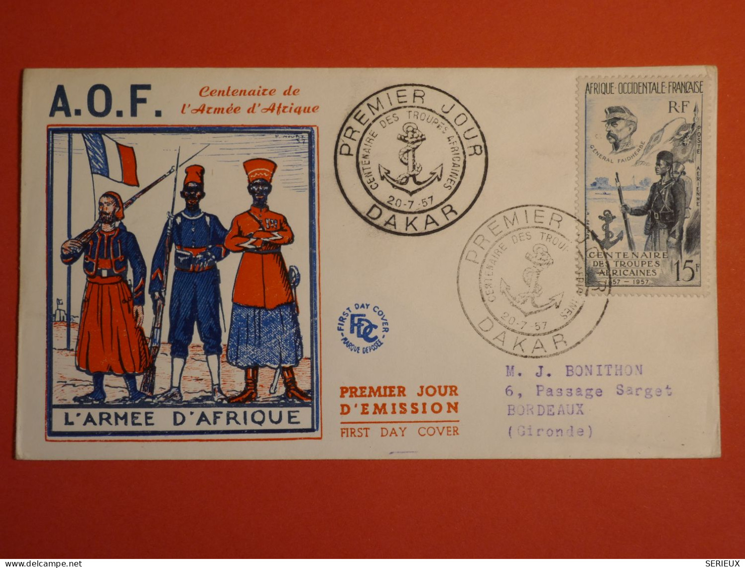 DO 4 AOF CARTE FDC  1957 DAKAR A BORDEAUX FRANCE +POSTE AERIENNE ++ AFF. INTERESSANT++ - Brieven En Documenten