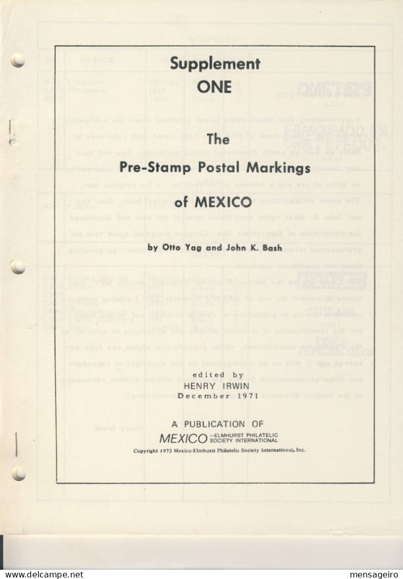 (LIV) - THE PRE-STAMPS POSTAL MARKING OF MEXICO - OTTO YAG - JOHN BASH 1971 - Filatelia E Storia Postale