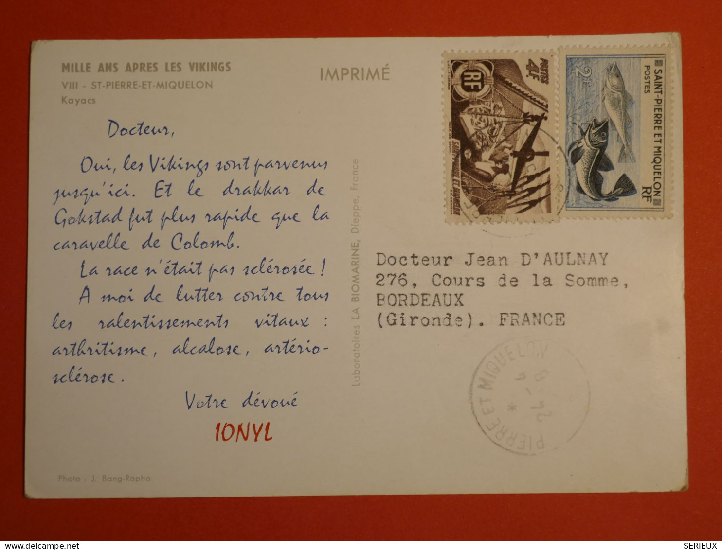 DO 4 ST PIERRE MIQUELON CARTE PUB IONYL 1958 A BORDEAUX FRANCE +KAYAKS ESQUIMAUX ++ AFF. INTERESSANT++ - Storia Postale