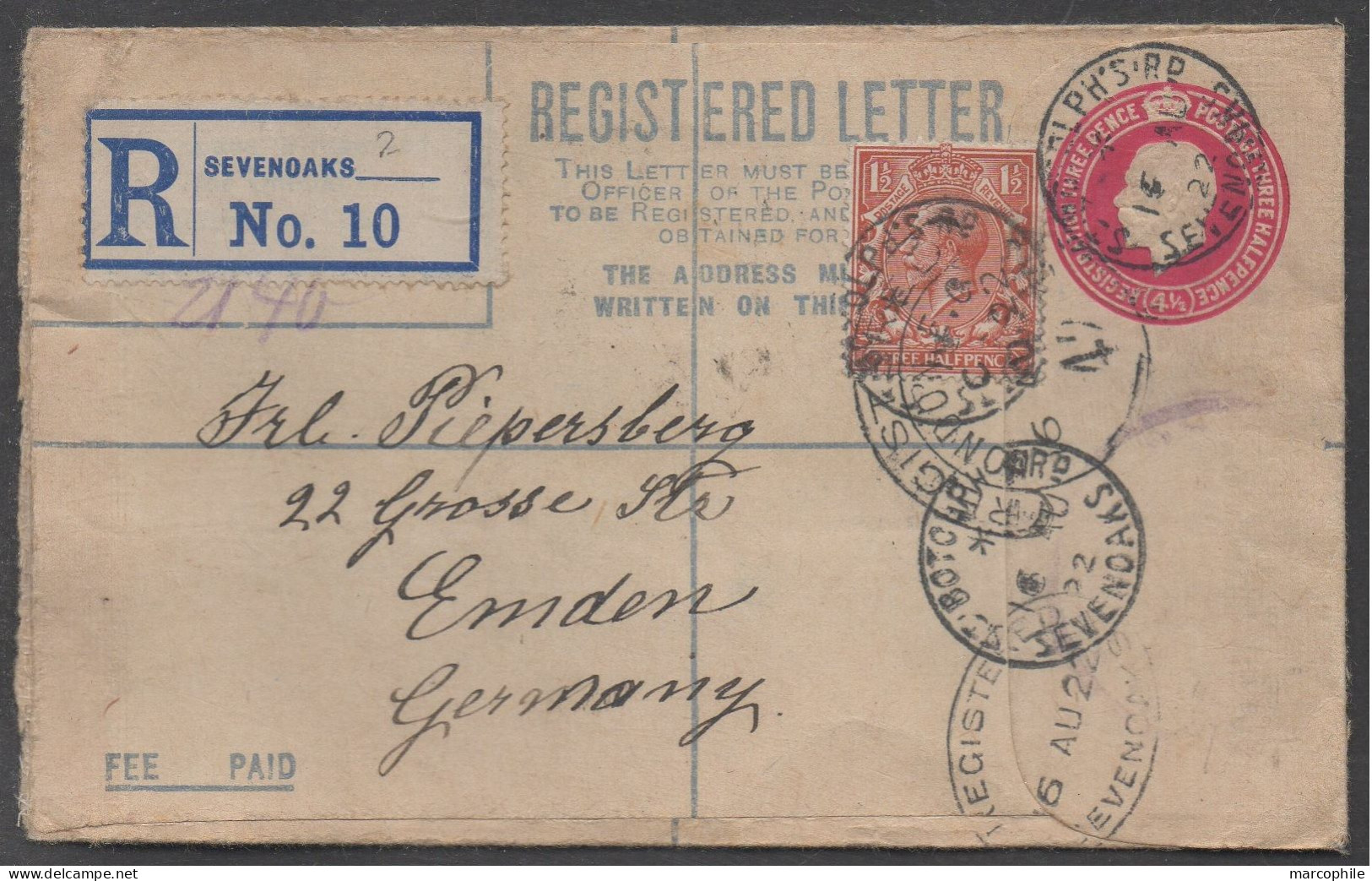 SEVENOAKS- GB - UK / 1922 ENTIER POSTAL RECOMMMANDE POUR L' ALLEMAGNE - Storia Postale